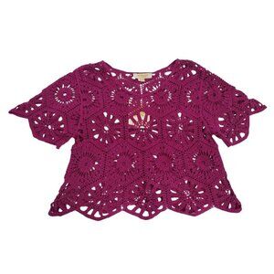 Rebellion Azaria Womens Purple Crochet Lace Top M Short Sleeve Boho Chic Design.